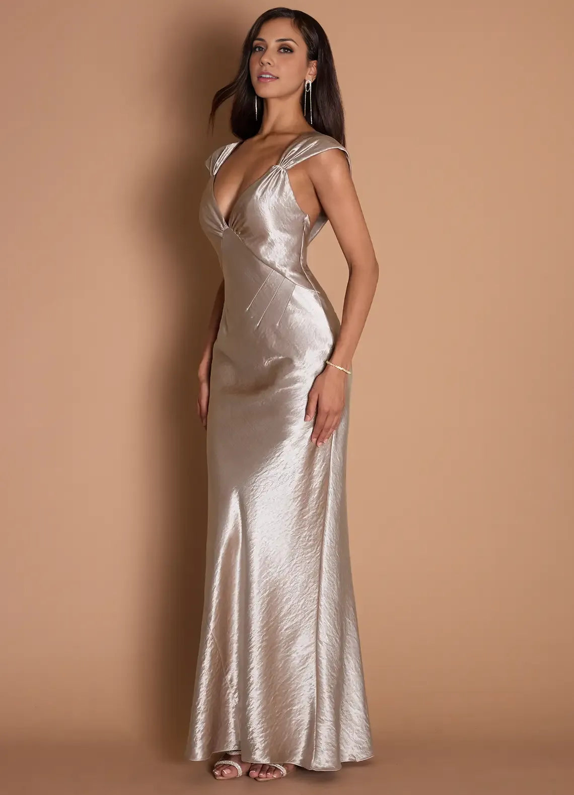 Sheath V Neck Sleeveless Backless Floor-Length Evening Dress