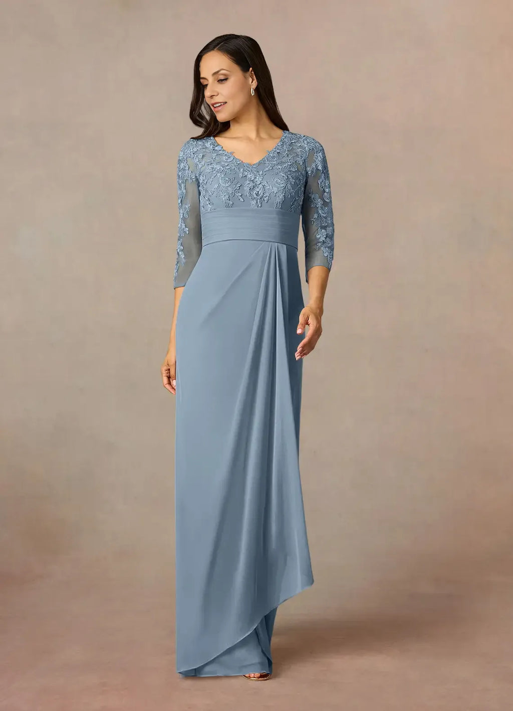 Sheath V Neck Three-Quarter Sleeve Back Zip Floor-Length Mother of the Bride Dress