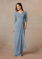 Sheath V Neck Three-Quarter Sleeve Back Zip Floor-Length Mother of the Bride Dress