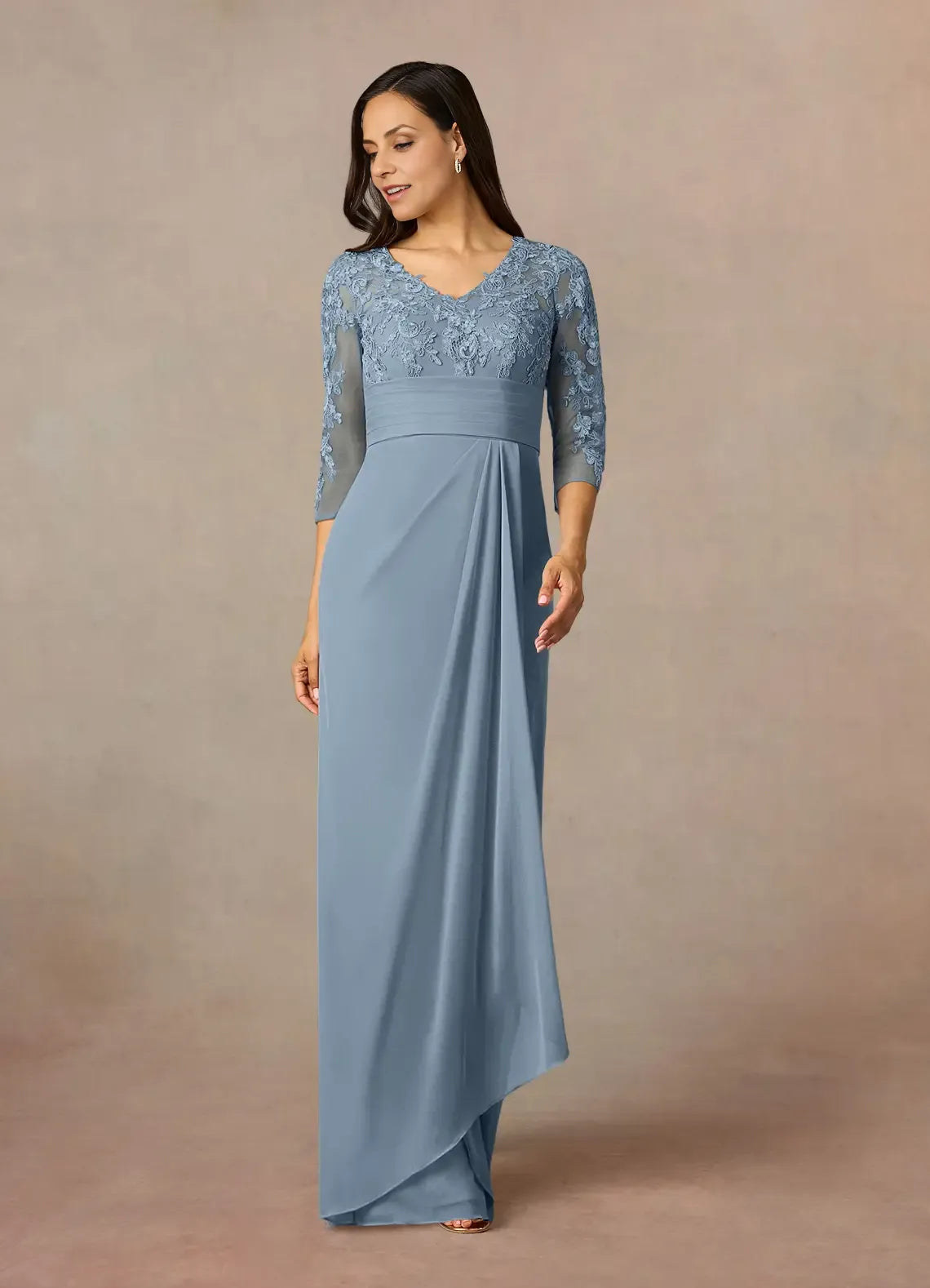 Sheath V Neck Three-Quarter Sleeve Back Zip Floor-Length Mother of the Bride Dress