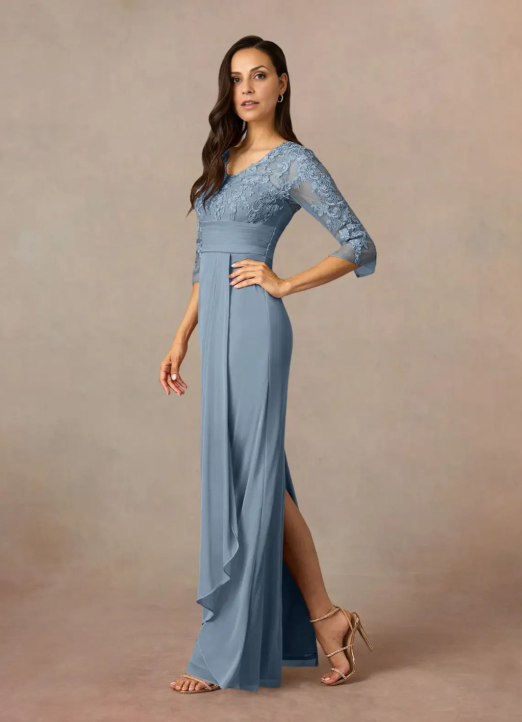 Sheath V Neck Three-Quarter Sleeve Back Zip Floor-Length Mother of the Bride Dress