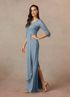 Sheath V Neck Three-Quarter Sleeve Back Zip Floor-Length Mother of the Bride Dress