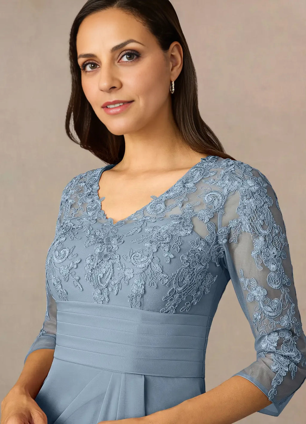 Sheath V Neck Three-Quarter Sleeve Back Zip Floor-Length Mother of the Bride Dress