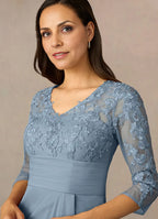 Sheath V Neck Three-Quarter Sleeve Back Zip Floor-Length Mother of the Bride Dress