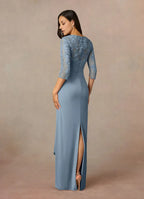 Sheath V Neck Three-Quarter Sleeve Back Zip Floor-Length Mother of the Bride Dress