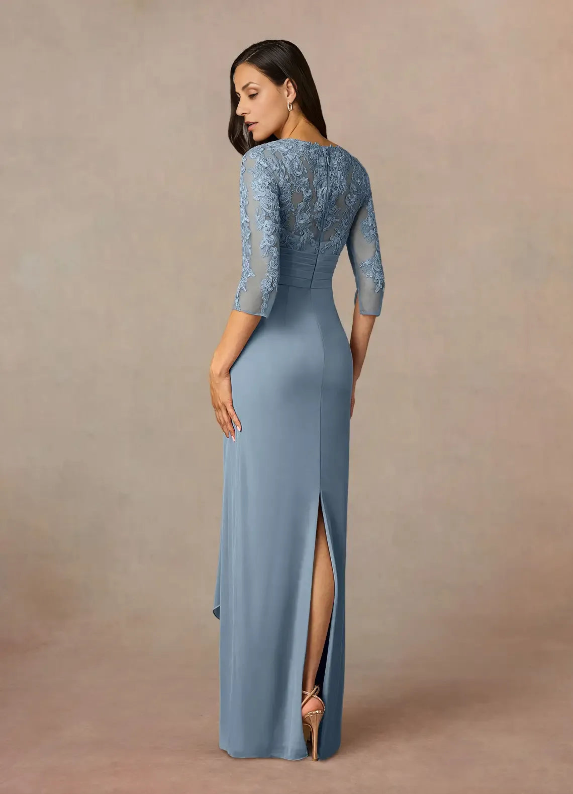 Sheath V Neck Three-Quarter Sleeve Back Zip Floor-Length Mother of the Bride Dress