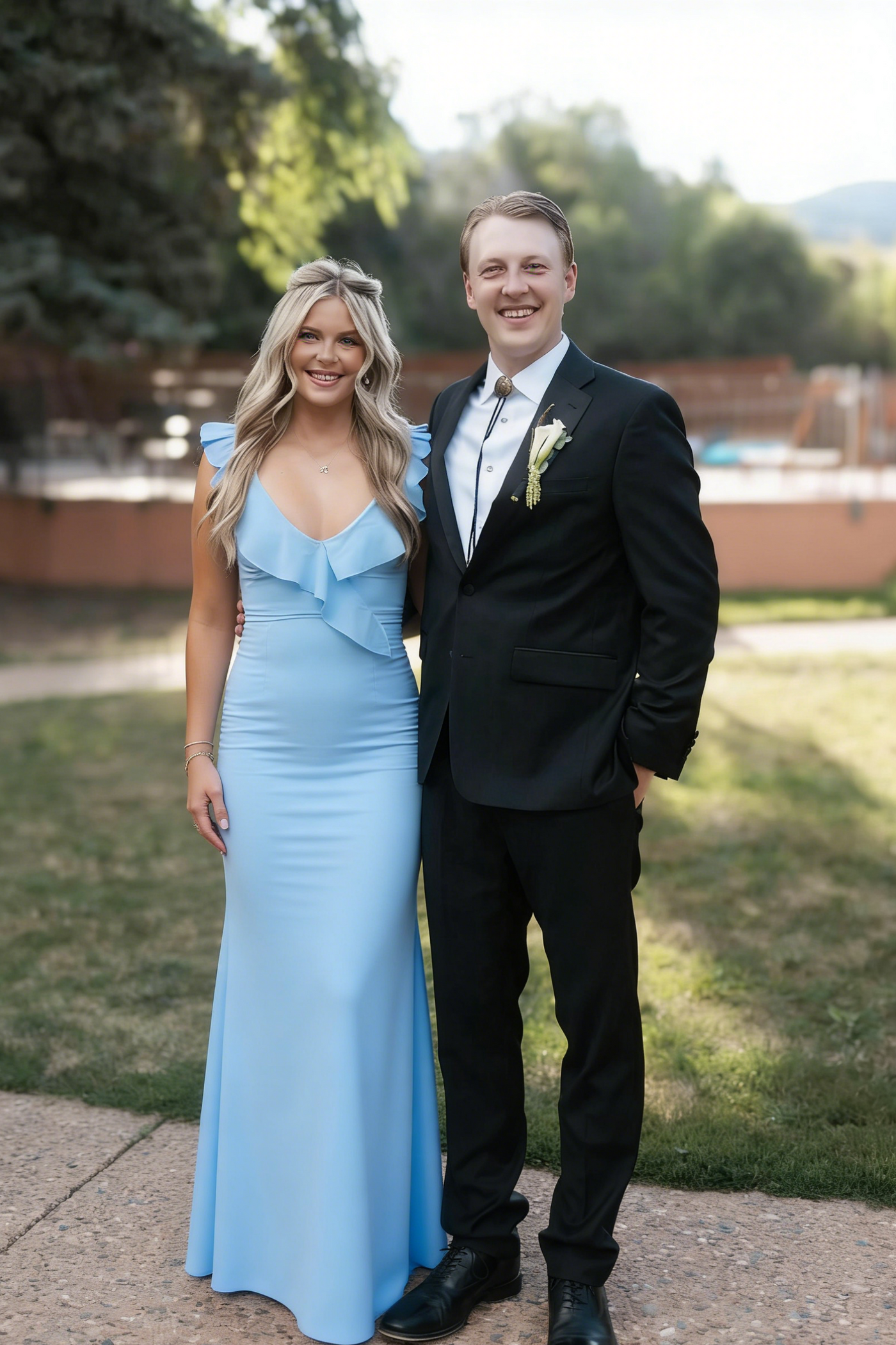 Light Blue Ruffle-Shoulder Mermaid V-Neck Floor-Length Prom Dress