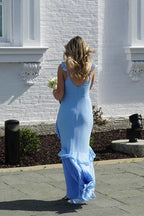 Light Blue Ruffle-Shoulder Mermaid V-Neck Floor-Length Prom Dress