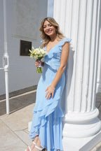 Light Blue Ruffle-Shoulder Mermaid V-Neck Floor-Length Prom Dress