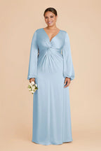 Elegant Sky Blue Satin Deep V-Neck Puff-Sleeve Maxi Bridesmaid Dress with Twist Waist Detail