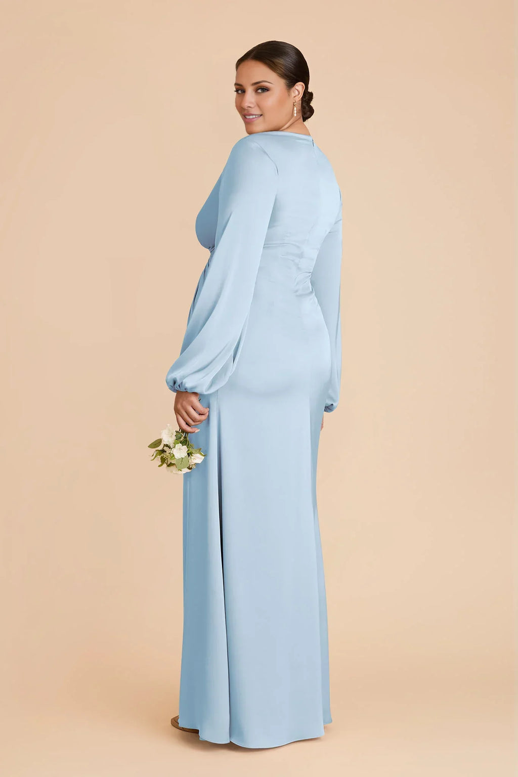 Elegant Sky Blue Satin Deep V-Neck Puff-Sleeve Maxi Bridesmaid Dress with Twist Waist Detail
