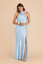Elegant Sky Blue Satin Halter-Neck Sleeveless Back Zip Floor-Length Bridesmaid Dress
