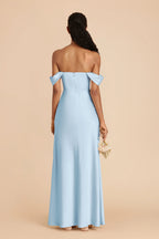 Elegant Sky Blue Sleeveless Satin Off-the-Shoulder Side Slit Floor-Length Bridesmaid Dress