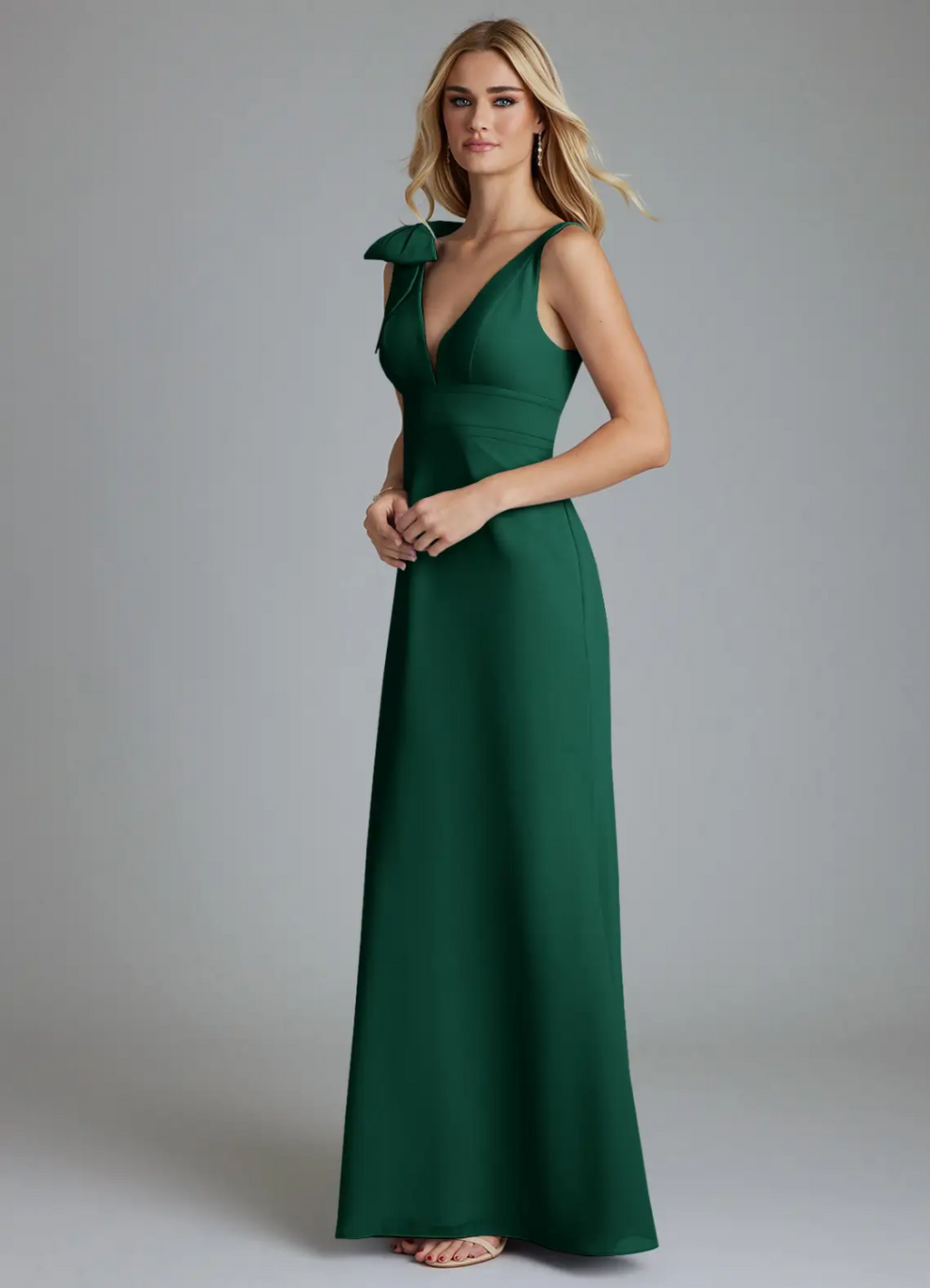Elegant Slim-Fit Deep V-Neck Sleeveless Bow-Shoulder Backless Floor-Length Wedding Bridesmaid Dress