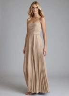 Elegant Spaghetti Strap Bridesmaid Dresses with Ruched Bodice, Pleated Skirt Detail and Flowing Chiffon Maxi Silhouette Formal Gown