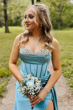 Spaghetti Strap Corset Mermaid Slit Prom Gown