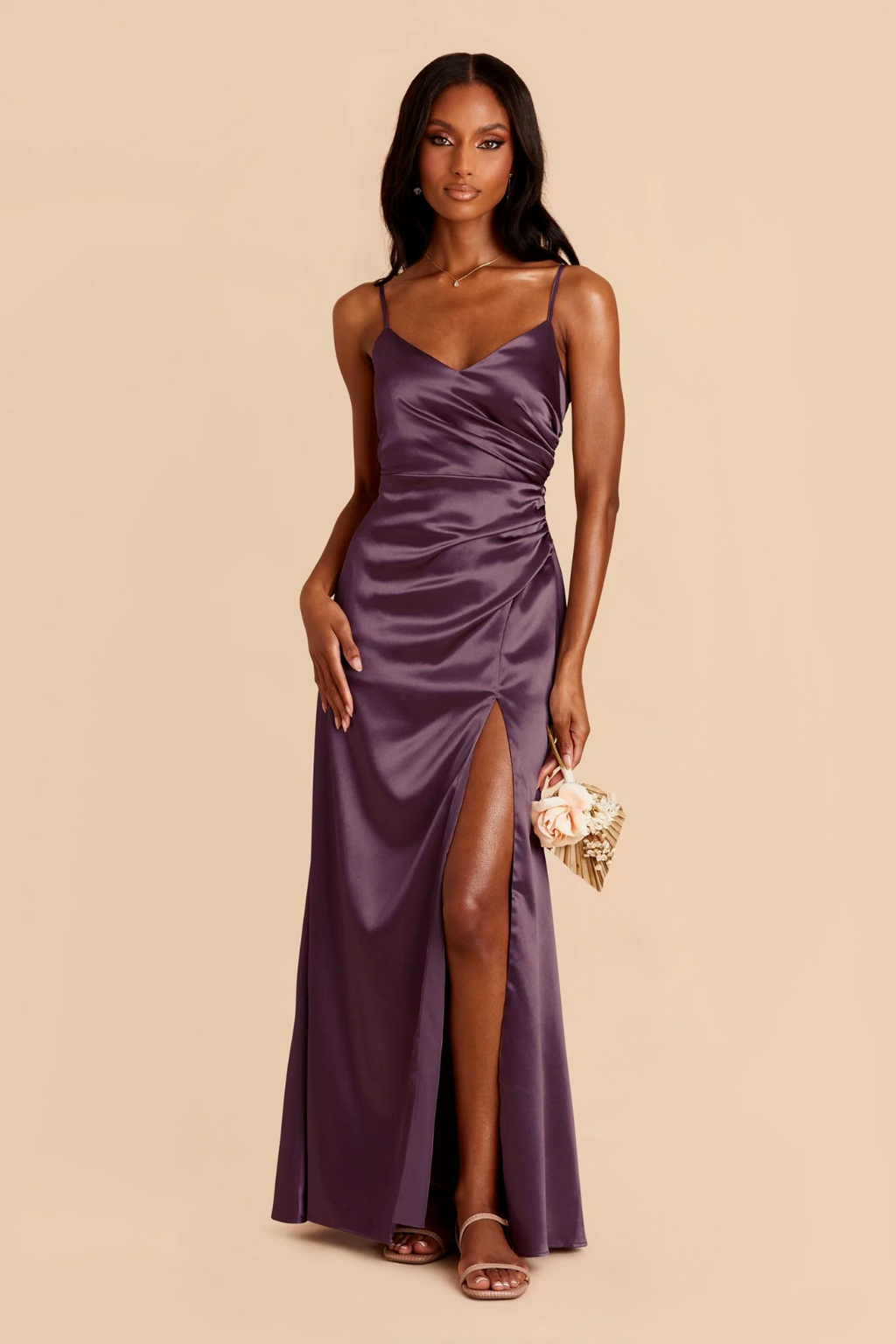 Elegant Spaghetti Strap Satin V-Neck Ruched Waist High Slit Deep Backless Floor-Length Bridesmaid Dress