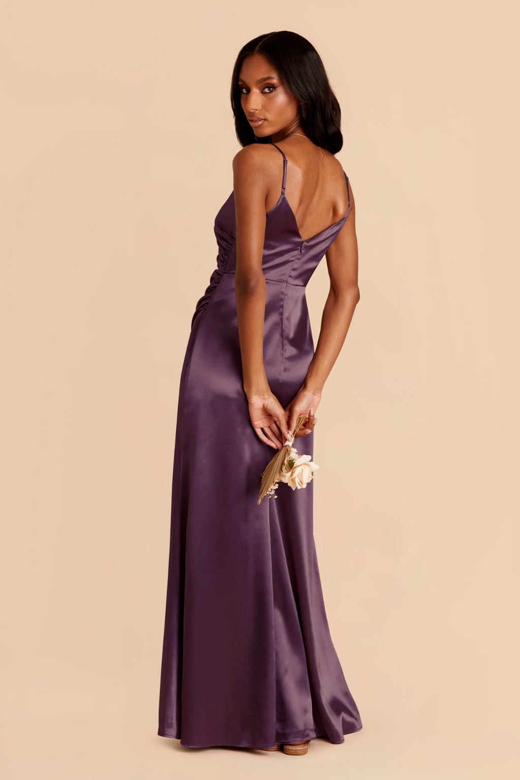 Elegant Spaghetti Strap Satin V-Neck Ruched Waist High Slit Deep Backless Floor-Length Bridesmaid Dress