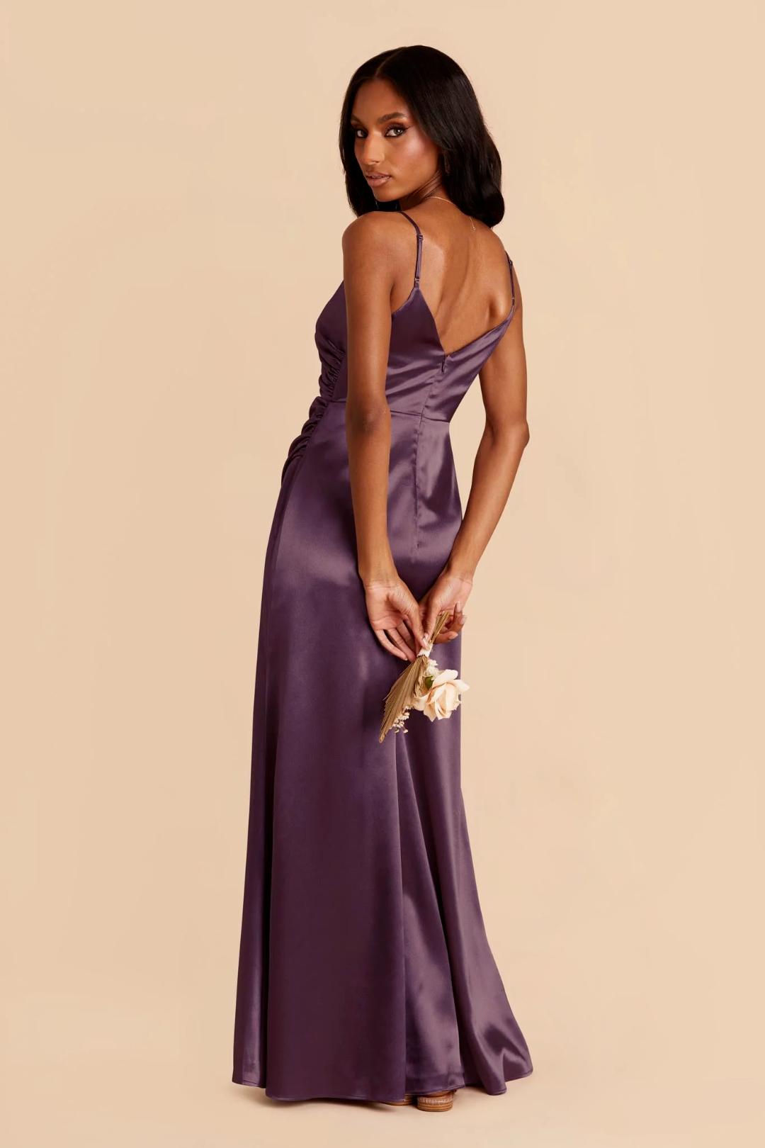 Elegant Spaghetti Strap Satin V-Neck Ruched Waist High Slit Deep Backless Floor-Length Bridesmaid Dress