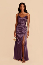 Elegant Spaghetti Strap Satin V-Neck Ruched Waist High Slit Deep Backless Floor-Length Bridesmaid Dress