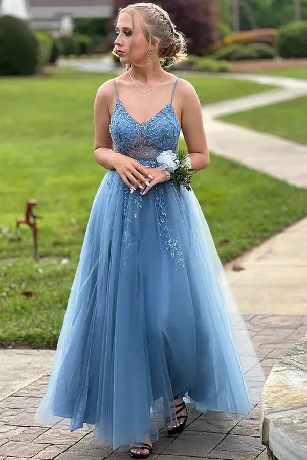 Spaghetti Strap V-Neck Beaded Ankle-Length Prom Dress