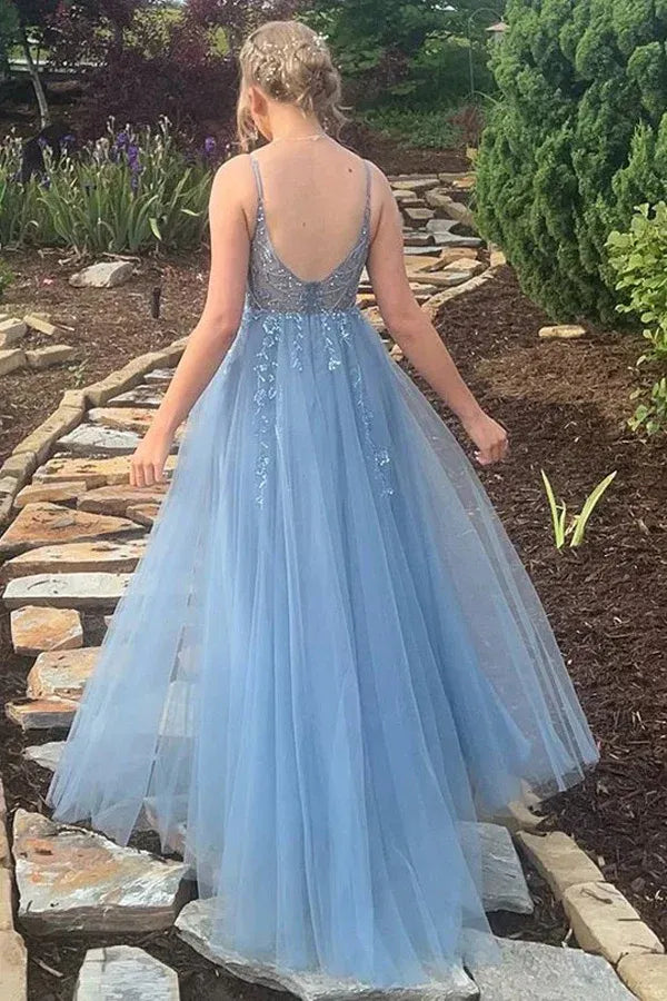 Spaghetti Strap V-Neck Beaded Ankle-Length Prom Dress