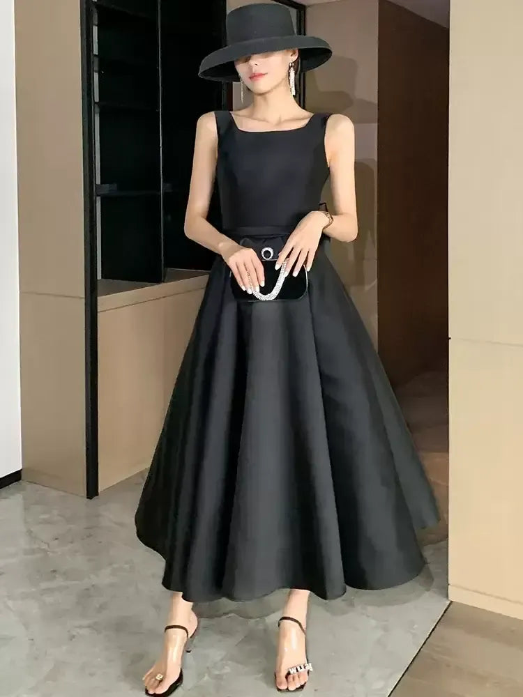Square Neck Sleeveless A-Line Pleated Ankle Length Party Dress