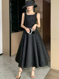 Square Neck Sleeveless A-Line Pleated Ankle Length Party Dress