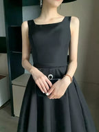 Square Neck Sleeveless A-Line Pleated Ankle Length Party Dress