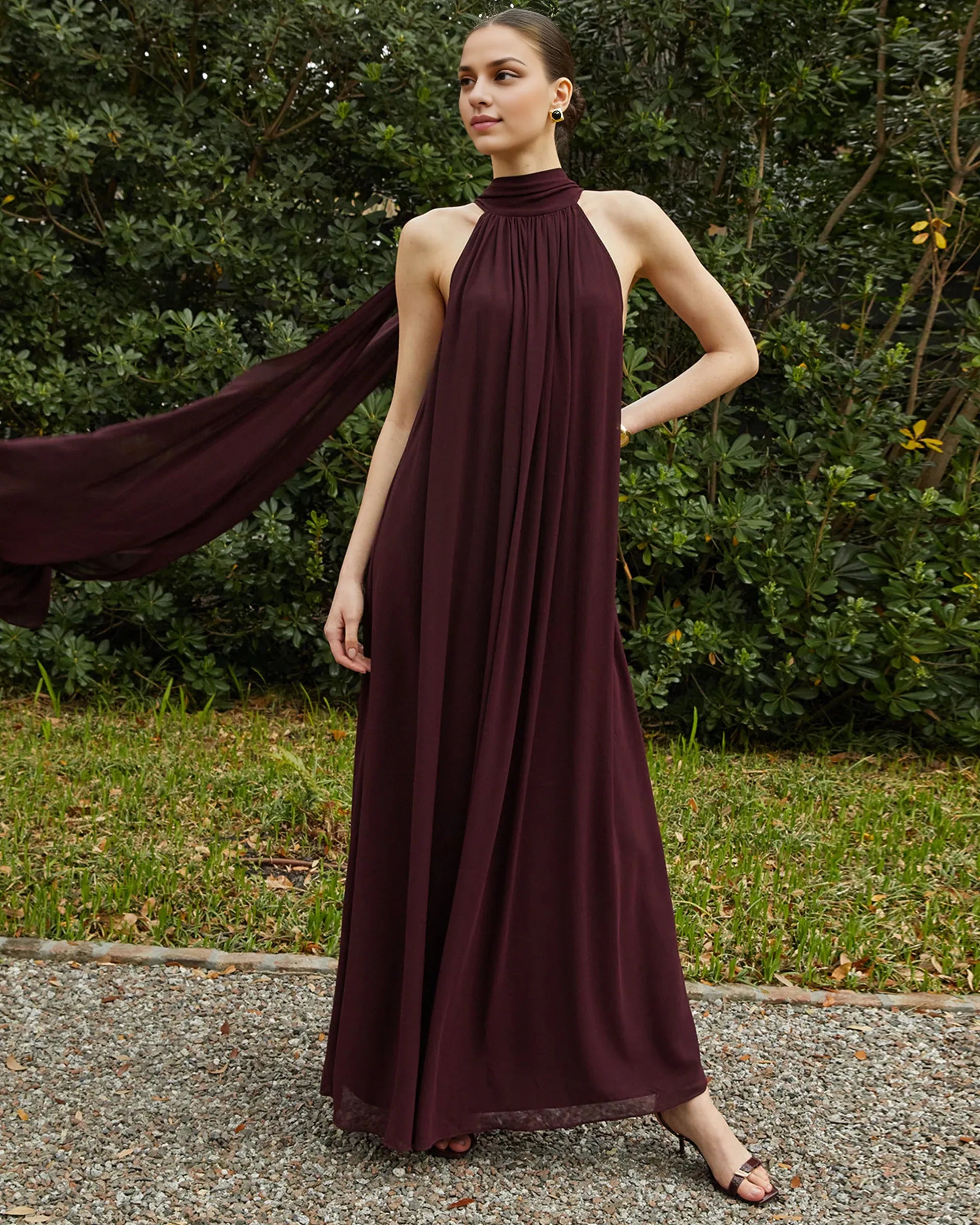 Dress Elegant Straight Tube Floor-Length Sleeveless Party Dresses Halter Neck Solid Color Open Back Evening Dress