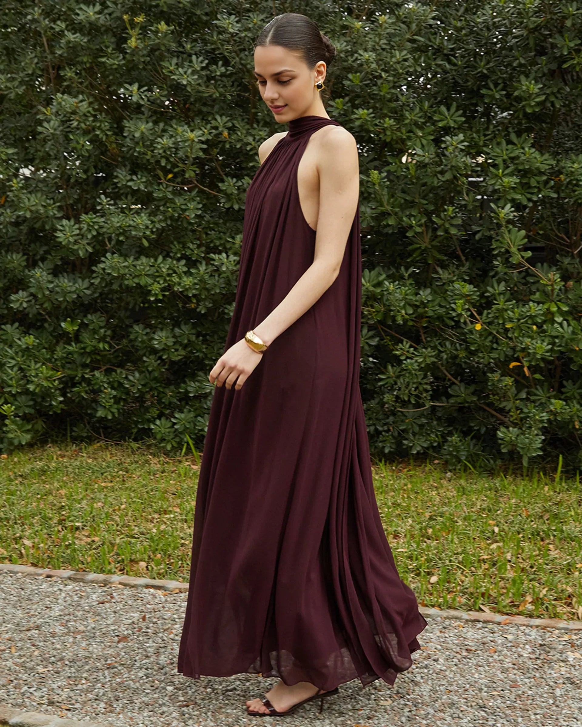 Dress Elegant Straight Tube Floor-Length Sleeveless Party Dresses Halter Neck Solid Color Open Back Evening Dress