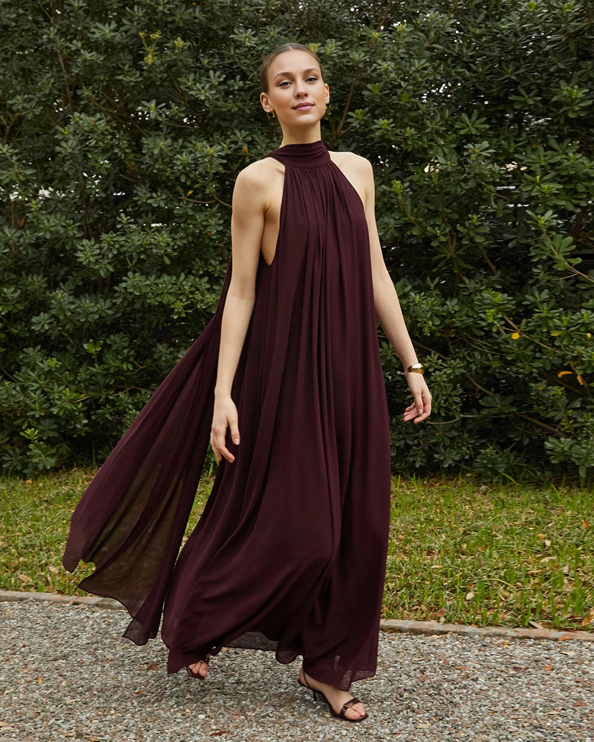 Dress Elegant Straight Tube Floor-Length Sleeveless Party Dresses Halter Neck Solid Color Open Back Evening Dress