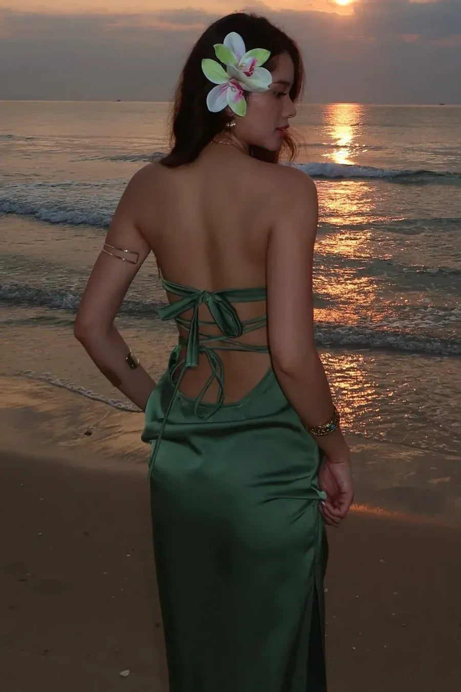 Strapless Lace-Up Open Back Mermaid Maxi Dress