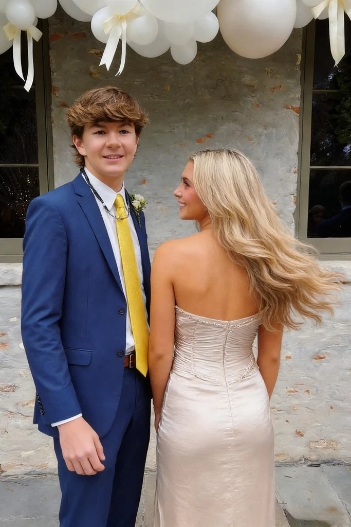 Champagne Strapless Ruched Sweetheart High-Slit Floor-Length Prom Dress