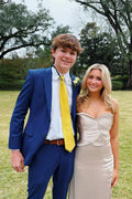 Champagne Strapless Ruched Sweetheart High-Slit Floor-Length Prom Dress