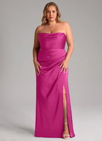 Elegant Strapless Ruched Waist Open Back High Slit Floor-Length Bridesmaid Dresses