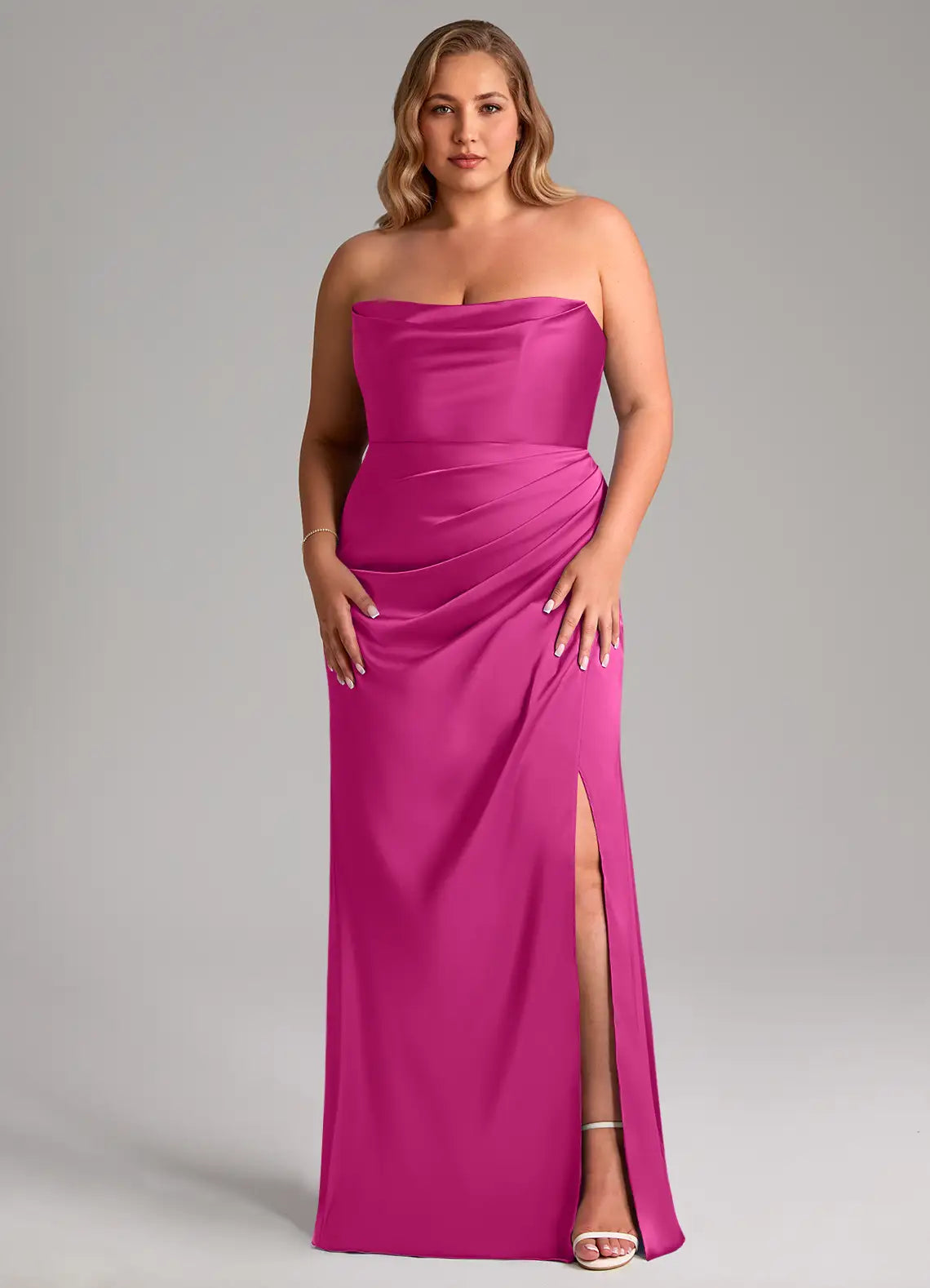 Elegant Strapless Ruched Waist Open Back High Slit Floor-Length Bridesmaid Dresses