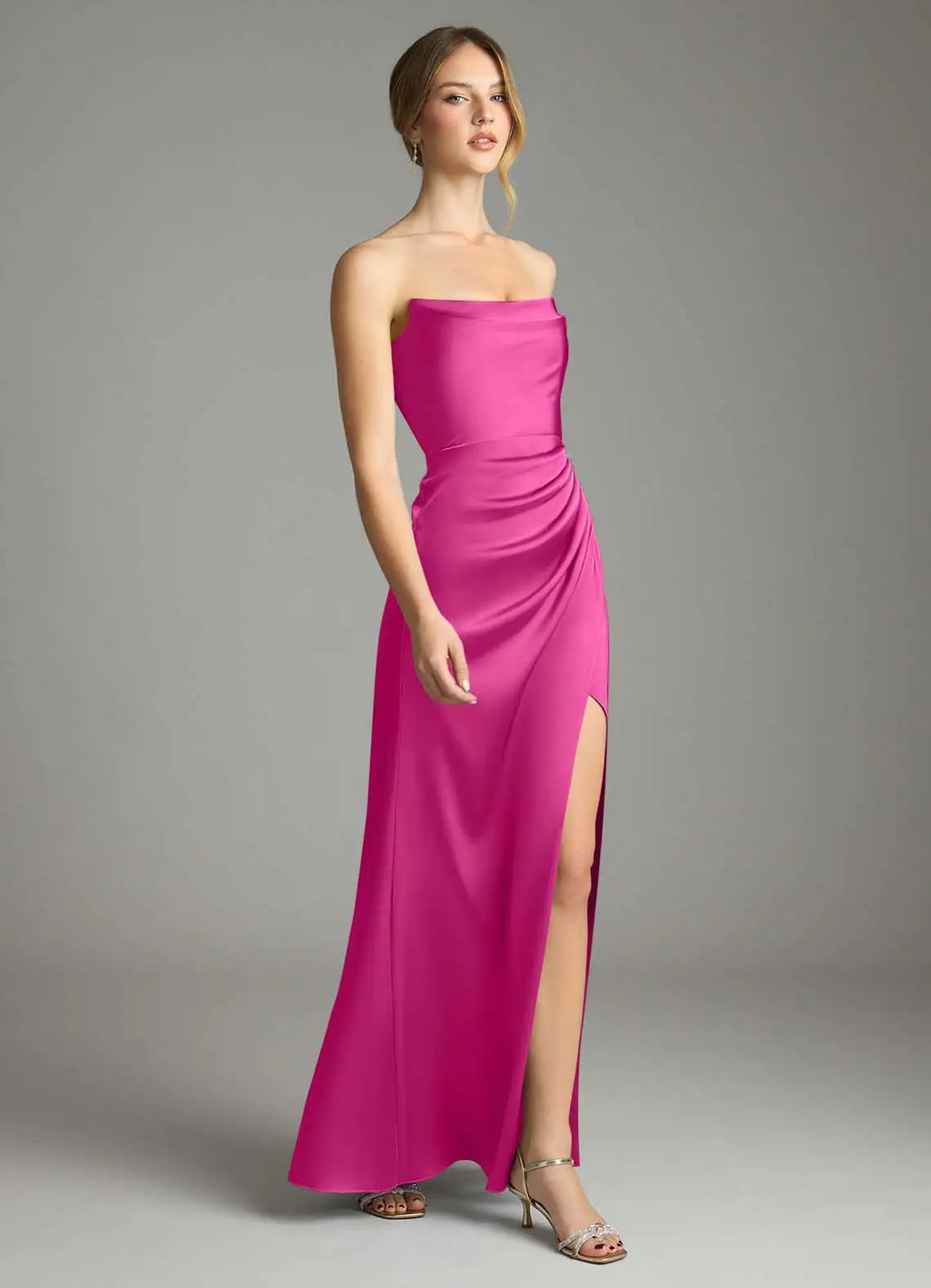 Elegant Strapless Ruched Waist Open Back High Slit Floor-Length Bridesmaid Dresses