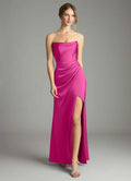 Elegant Strapless Ruched Waist Open Back High Slit Floor-Length Bridesmaid Dresses