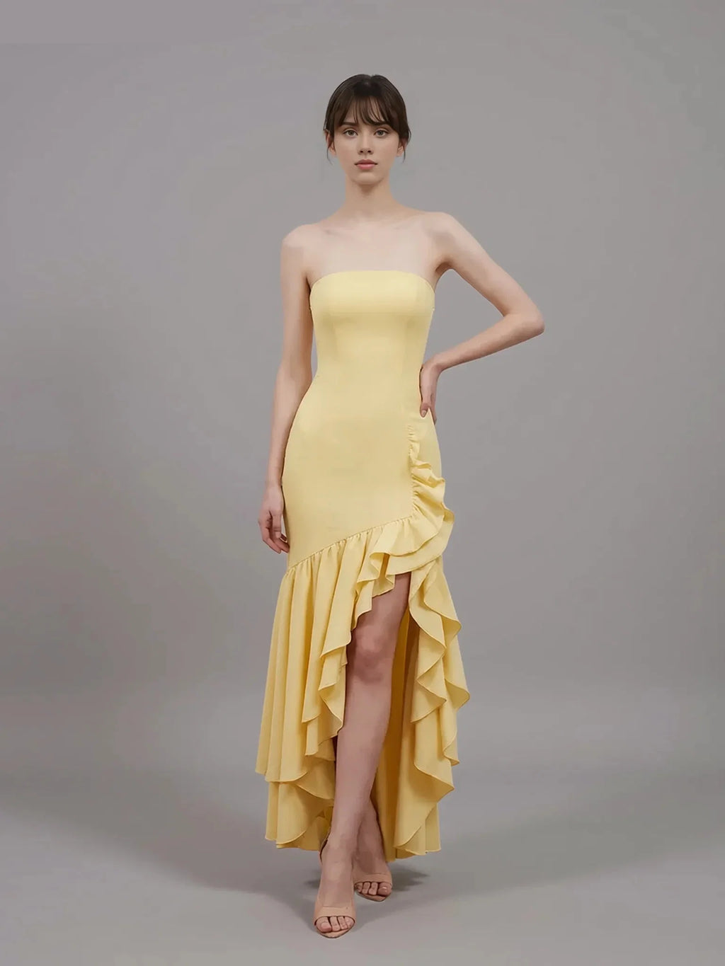 Strapless Ruffle Slit Mermaid Maxi Prom Dress