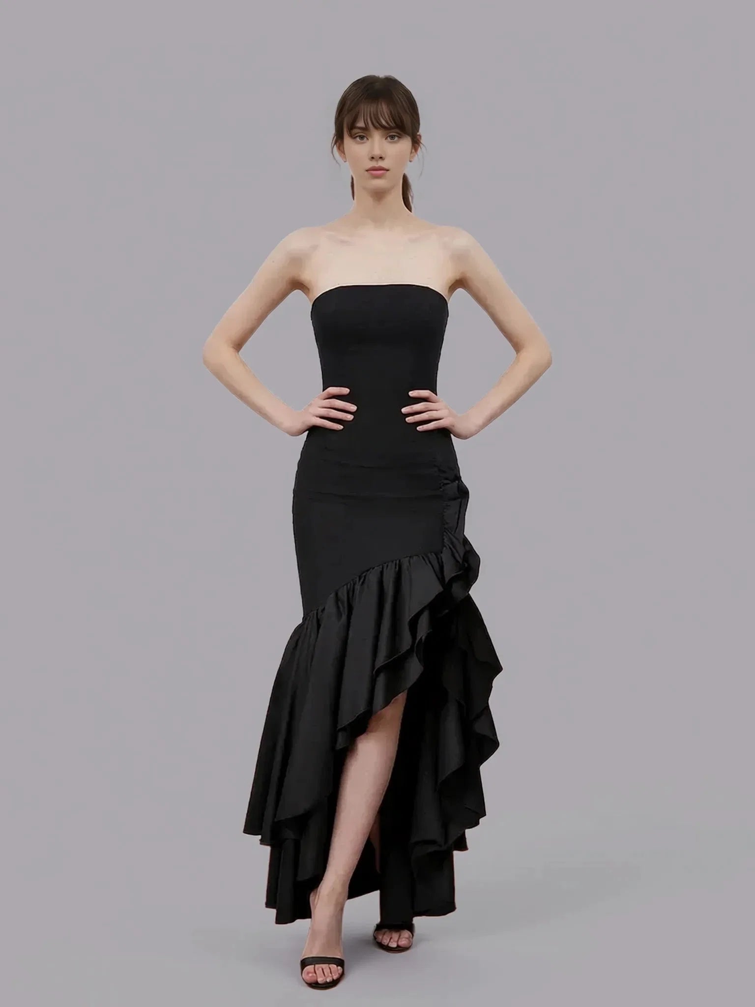 Strapless Ruffle Slit Mermaid Maxi Prom Dress