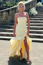 Strapless Ruffle Slit Mermaid Maxi Prom Dress