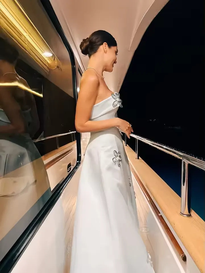 Strapless Sleeveless A Line 3D Floral Floor Length Prom Dress