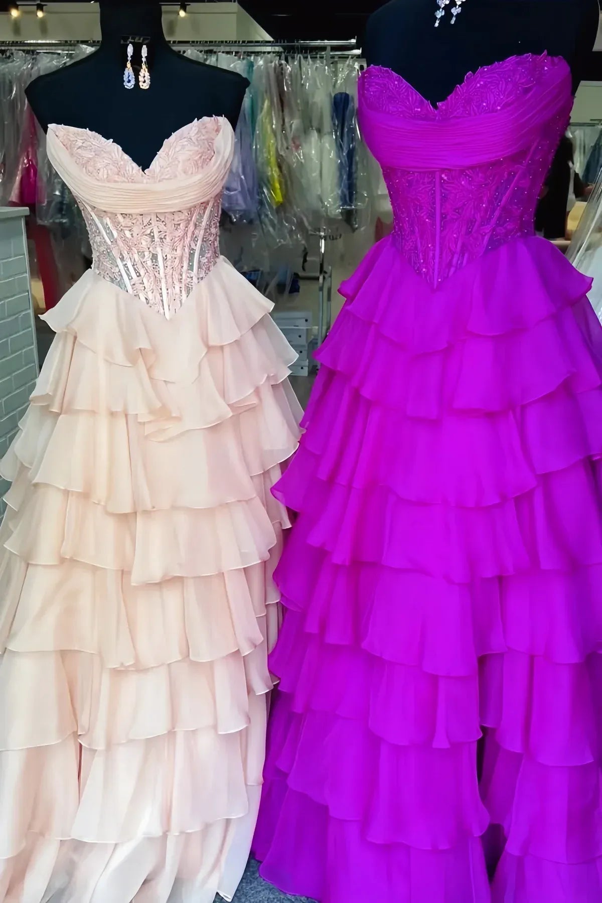Strapless Sleeveless Empire A-Line Tiered Long Prom Dress