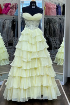 Strapless Sleeveless Empire A-Line Tiered Long Prom Dress