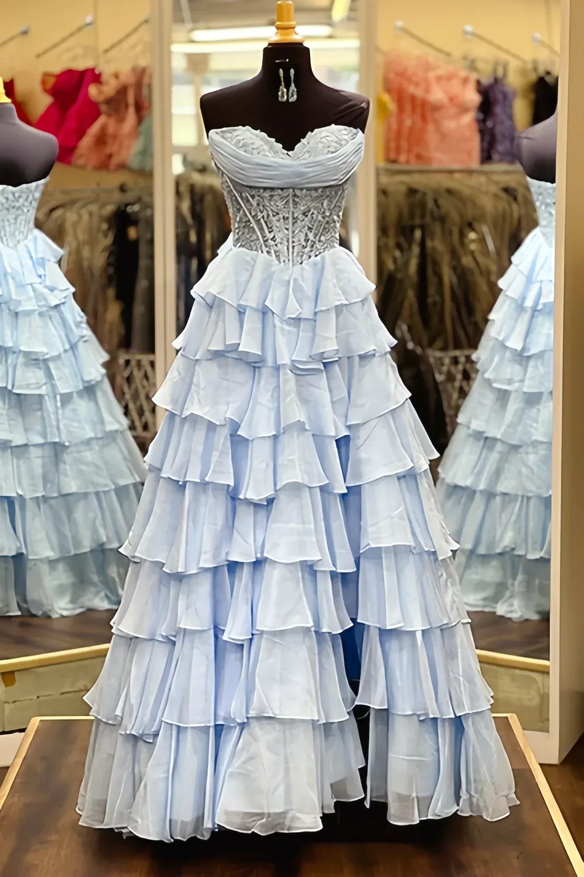 Strapless Sleeveless Empire A-Line Tiered Long Prom Dress