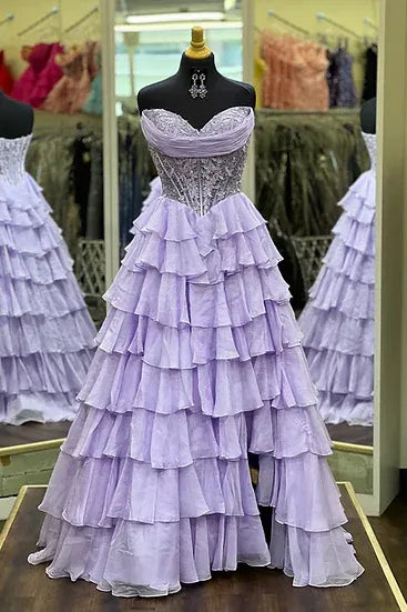 Strapless Sleeveless Empire A-Line Tiered Long Prom Dress