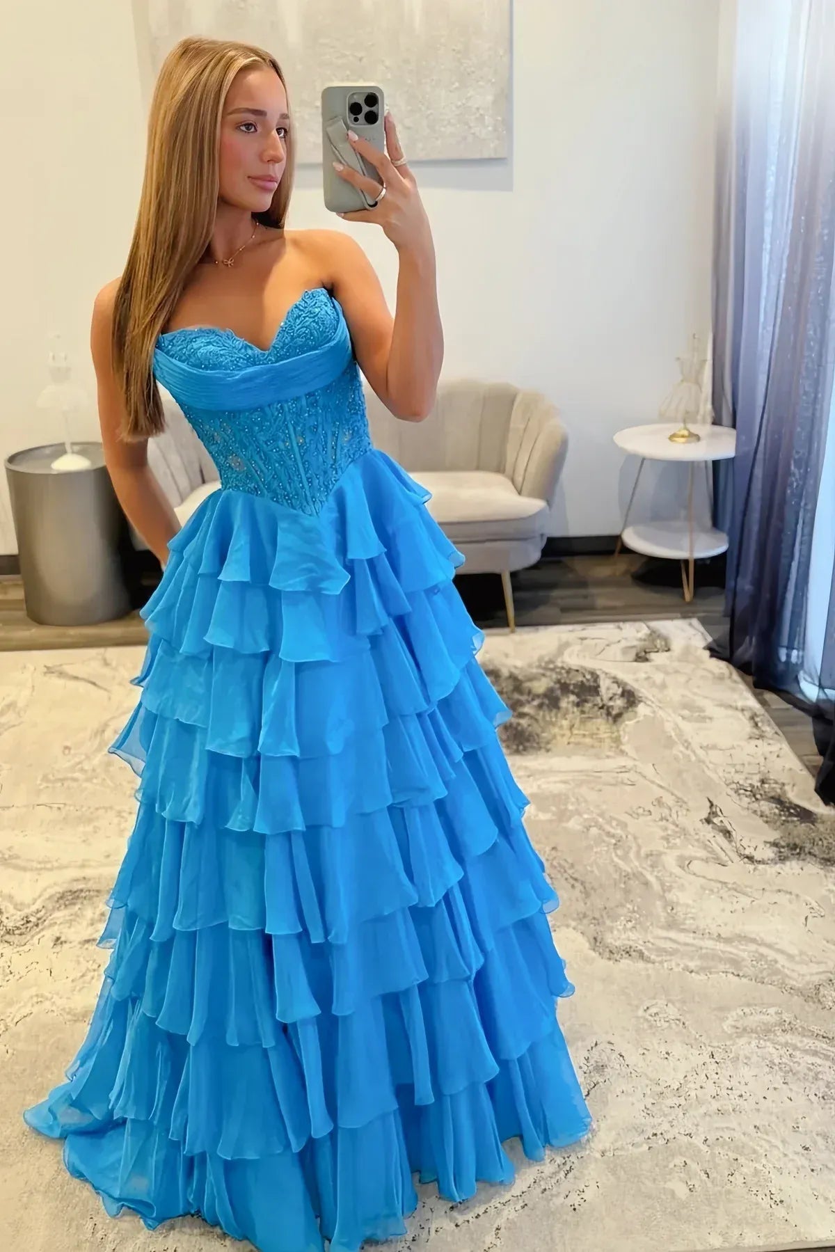 Strapless Sleeveless Empire A-Line Tiered Long Prom Dress