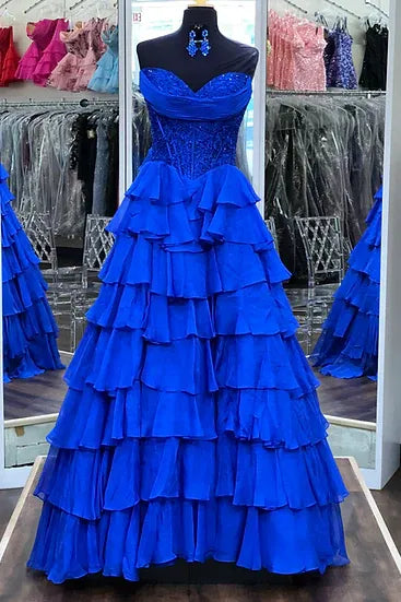 Strapless Sleeveless Empire A-Line Tiered Long Prom Dress