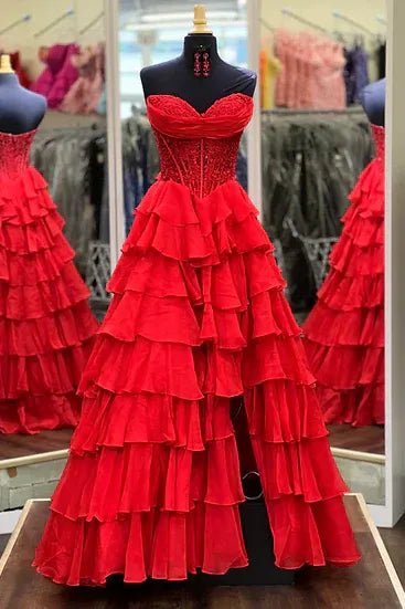 Strapless Sleeveless Empire A-Line Tiered Long Prom Dress